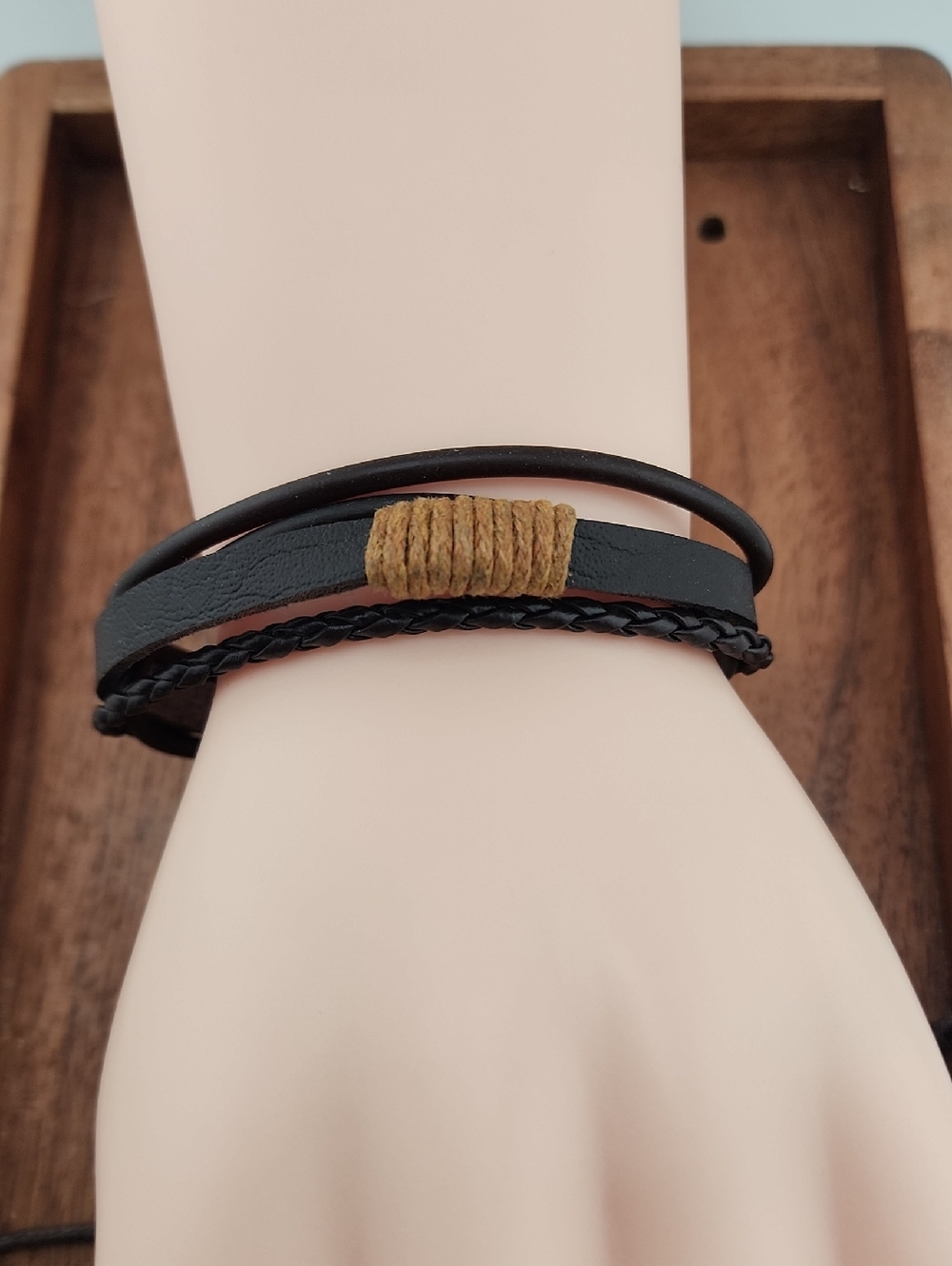 Men's Black Leather Multi-Strand Bracelet with Tan Wrap Accent